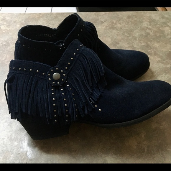 Very Volatile Shoes - Very Volatile Suede Navy Studded Fringe Booties